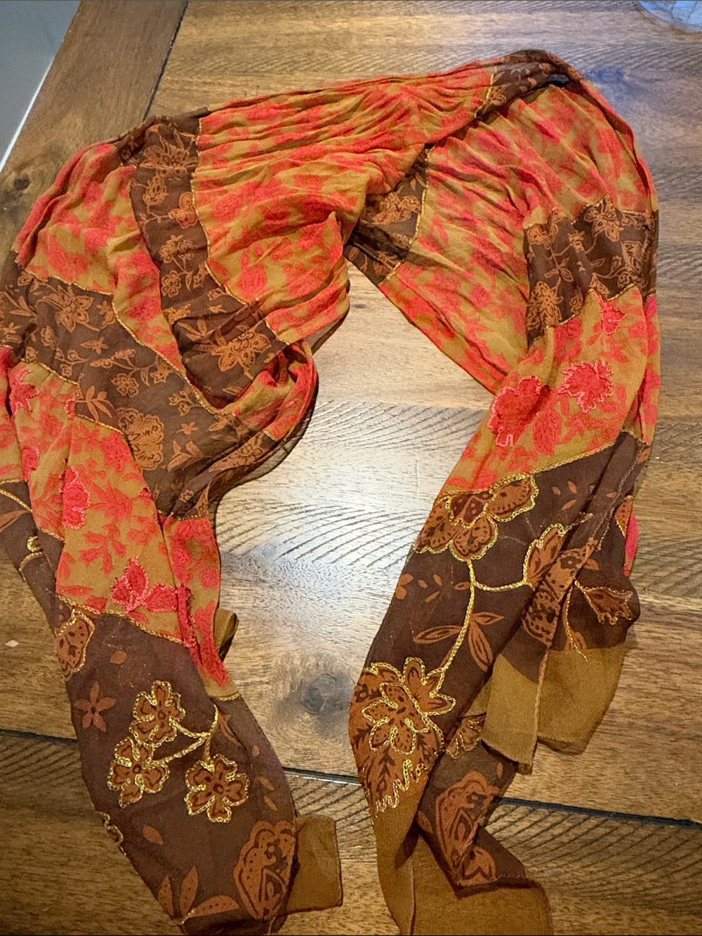 64x19.5”Women's Floral Pattern Lightweight Scarf - Brown & Coral all silk